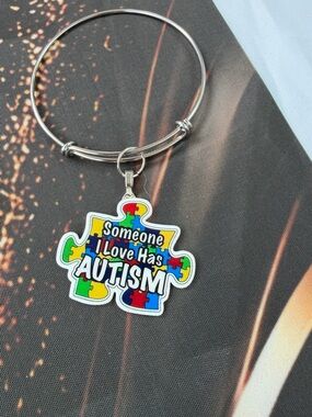 Autism Puzzle Piece Charm Bangle Bracelet - Multicolor